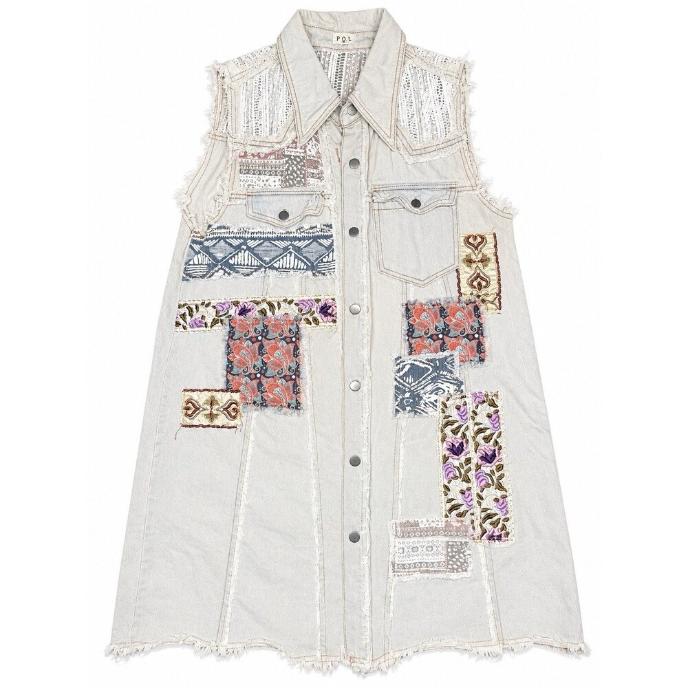 POL Light Wash Denim Vest Dress M Patchwork Lace Embroidered Boho Cottagecore